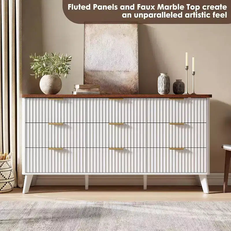 Fluted 9-Drawer Dresser, 60.6 Wide Wood Chest of Drawers with Deep Storage, for Bedroom, Living Room, or Hallway Use