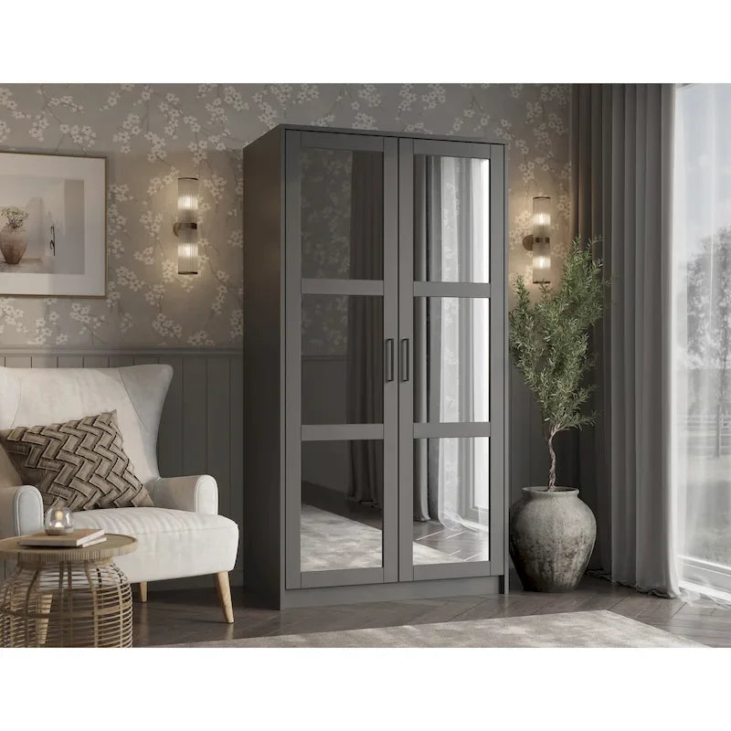 100% Solid Wood 2-Door Urban Wardrobe Armoire with Solid and Mirrored Doors