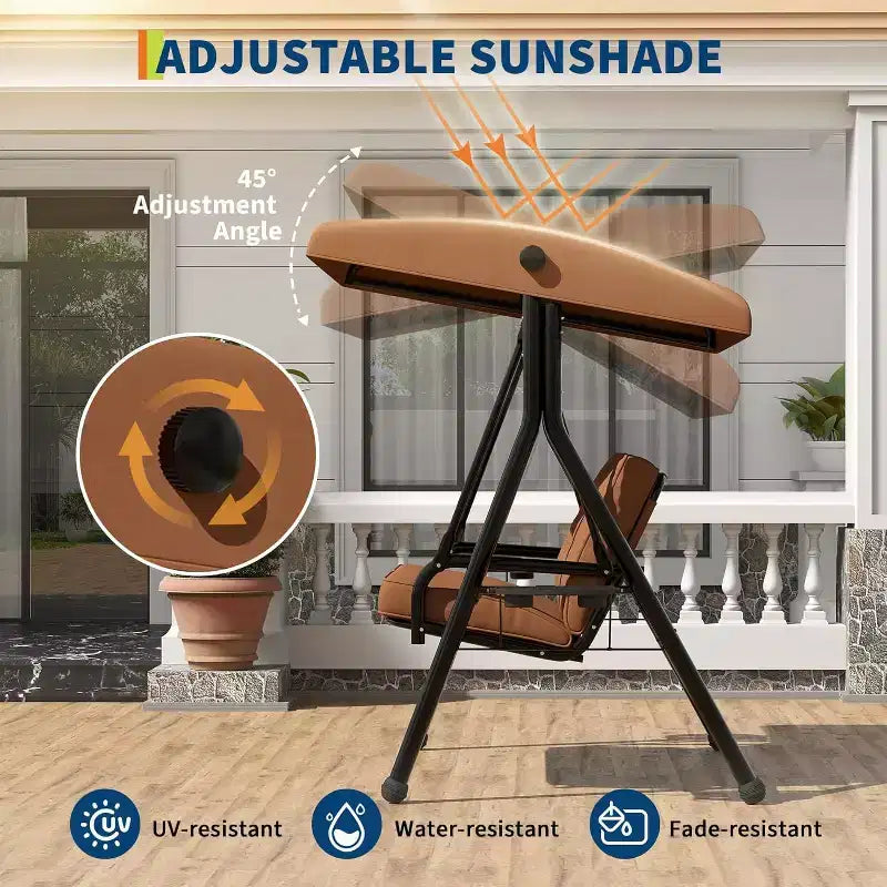 Balançoire de jardin 2 places avec auvent, assise rembourrée, cadre en fer robuste, banc d'extérieur résistant aux intempéries pour patio, balcon ou arrière-cour