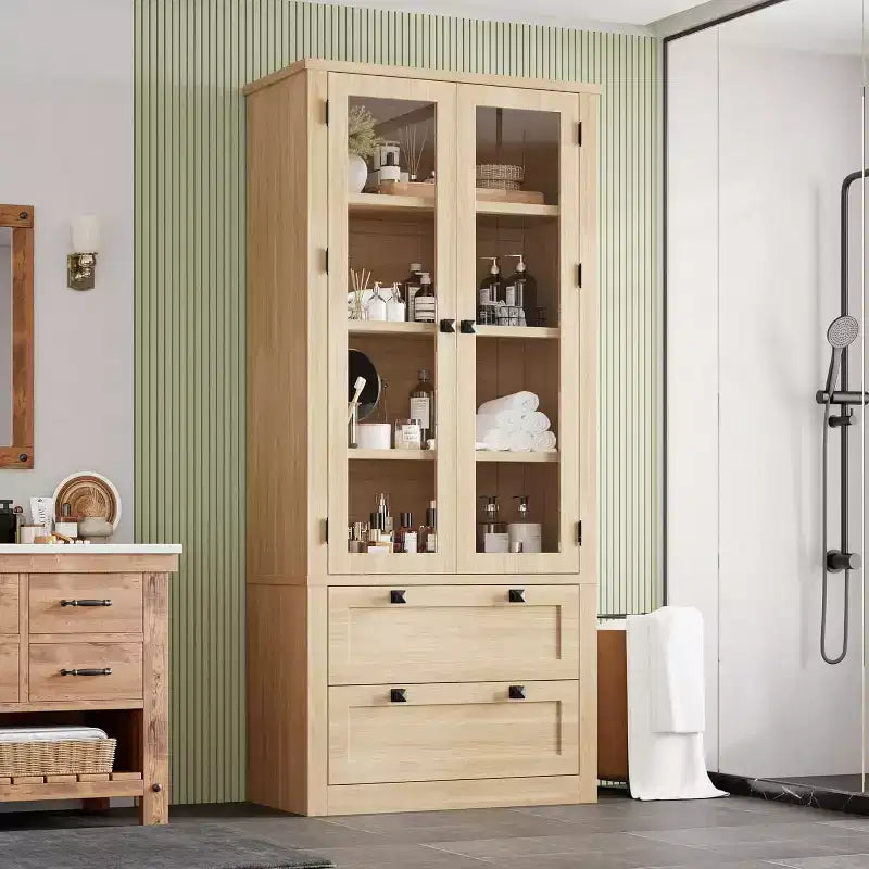Farmhouse Kitchen Pantry Cabinet with Glass Doors, 72in Storage Cupboard with Drawers and Adjustable Shelves for Dining Room Bathroom Living Room
