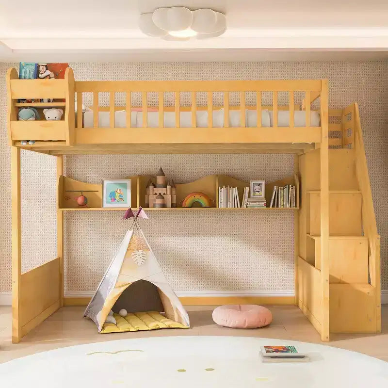 Queen Loft Bed Frame with Staircase, Wardrobe & Storage Shelves - MDF, 650 lb