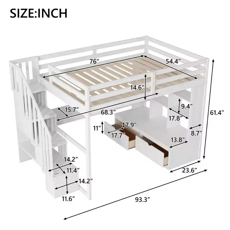 Full Size Loft Bed with Stairs and Desk, Wood Loft Beds Frame with Storage Drawers and Bookcase Shelves for Adults Teens Kids