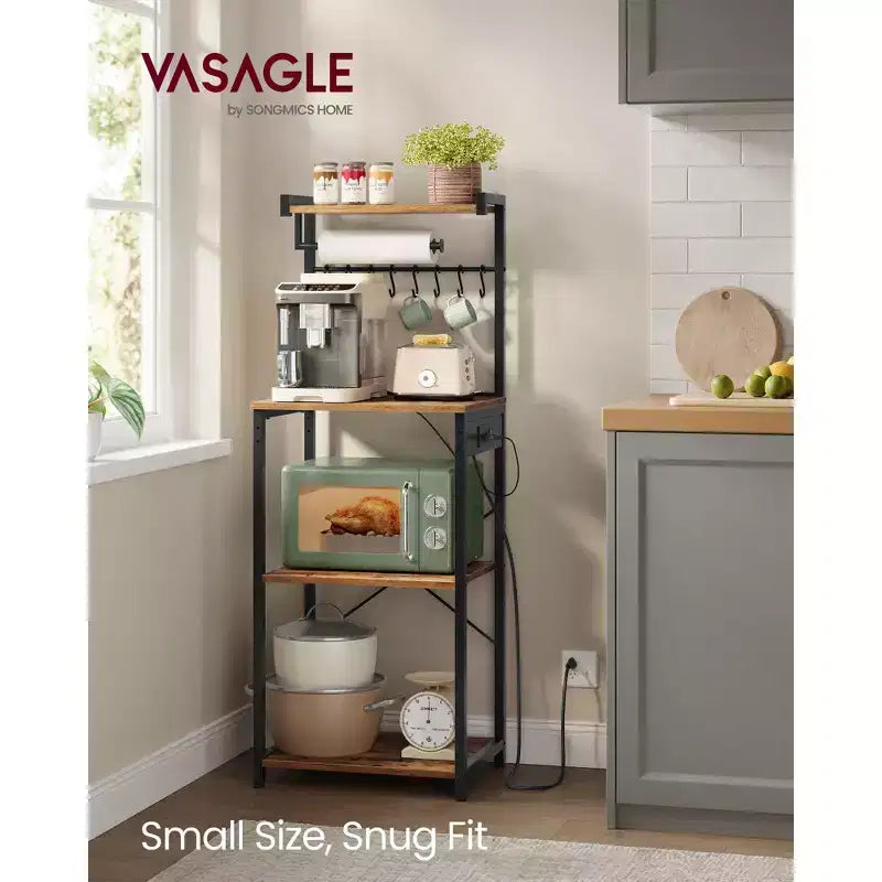 VASAGLE Étagère de Cuisine 4 Niveaux avec Prise Électrique, Meuble de Rangement pour Café avec 8 Crochets en S, Support Micro-Ondes, Étagère Réglable
