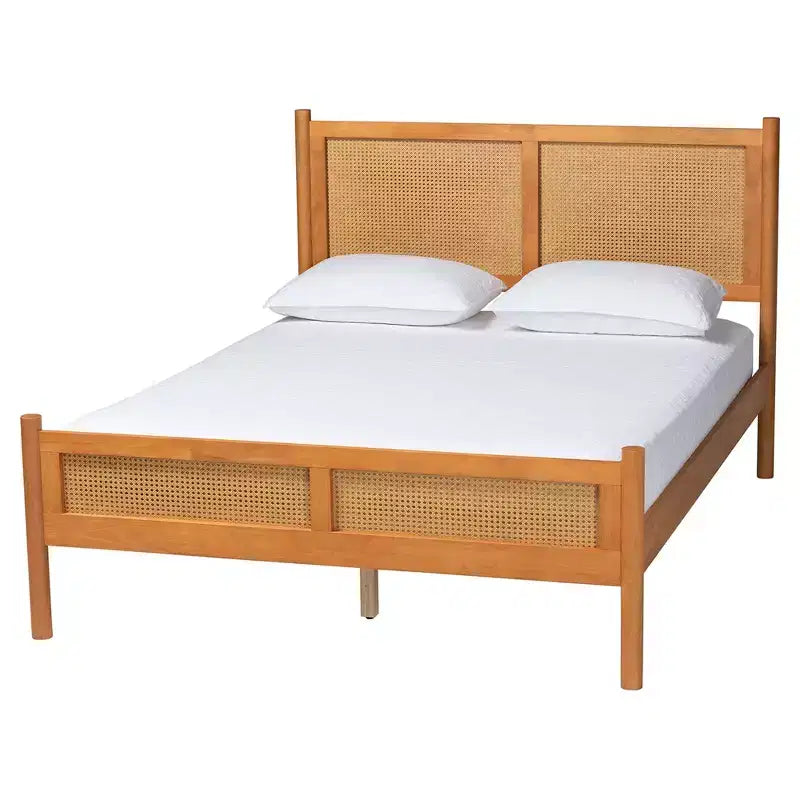 Baxton Studio Jenn Golden Brown Wood Japandi 5-Piece Queen Size Bedroom Set with Distressed-Finished Rattan