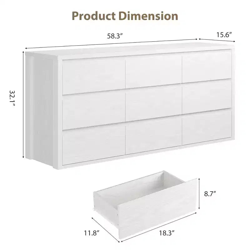 9 Drawer Dresser for Bedroom, Wide Modern Wooden Chest of Drawers with Large Storage, Wood Dresser Organizer for Living Room, Hallway, Entryway