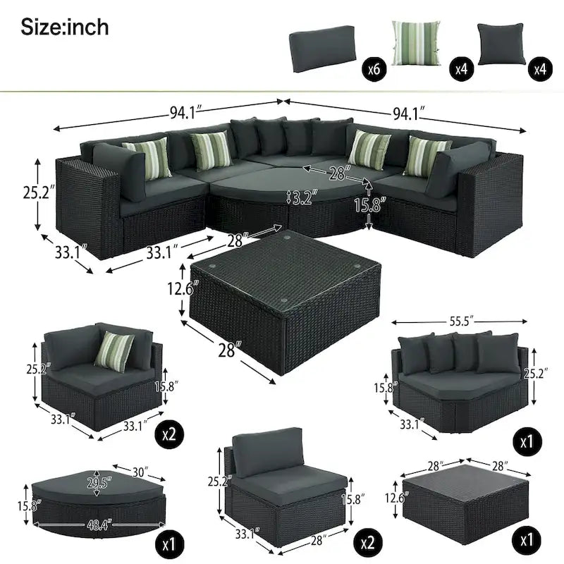 Ensemble de canapé d'extérieur moderne en osier 7 pièces avec table basse, coussins et oreillers rayés, idéal pour le patio, le jardin, la terrasse