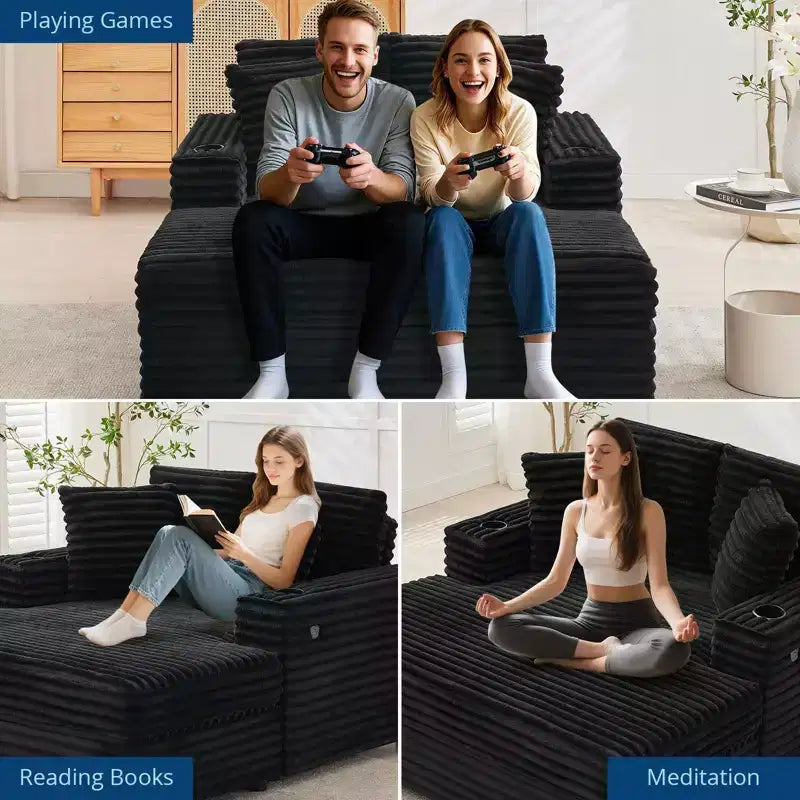 Corduroy 3-Seat Lounge Sofa with Cup Holders & Charging Ports