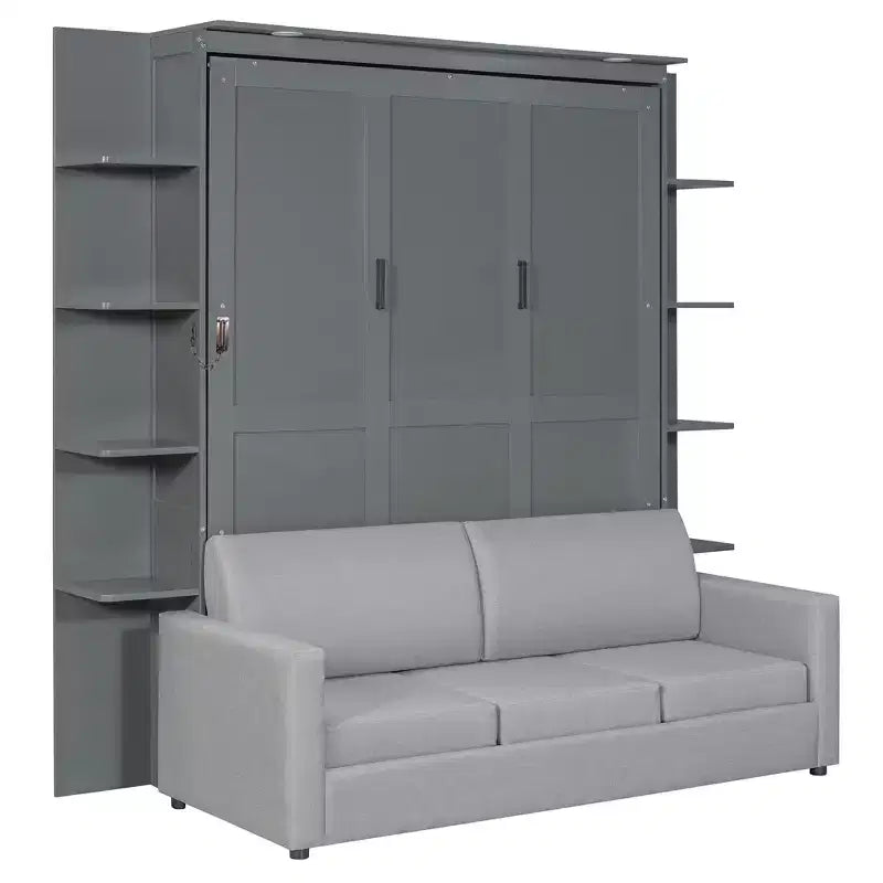 Queen Murphy Bed Wall Bed with Sofa, Queen Size Cabinet Bed Folding Wall Bed with Bookshelf and Shelves for Guest Room Office