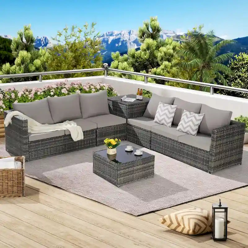 6-Piece Wicker Sectional Sofa Set with Corner & Glass Table