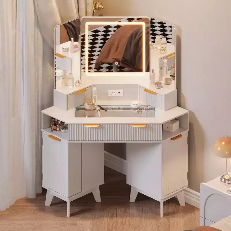 47 Corner Makeup Vanity Desk with Mirror and Light, Wooden Dressing Table with Glass Top & Charging Station, Makeup Vanity Table for Bedroom