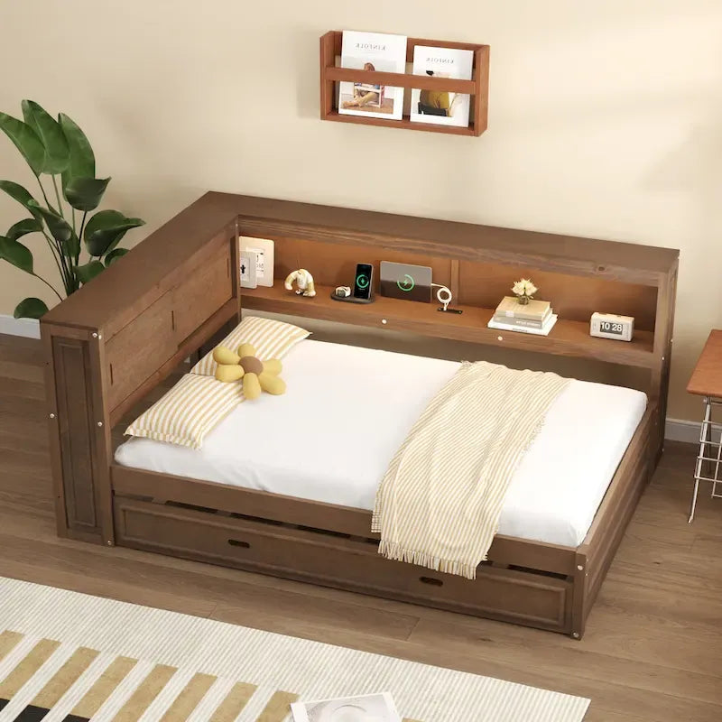 Lit de repos double avec étagères, chargement USB, lumières LED et lit gigogne simple
