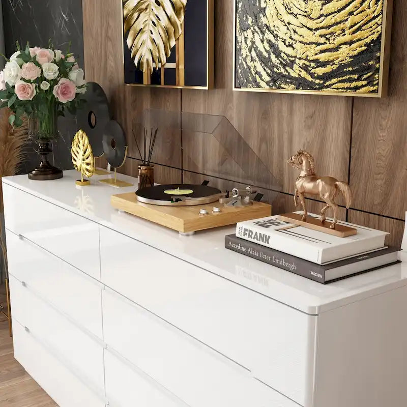63 High Gloss Dresser With Light Chest w/8 Drawers&Spacious Tabletop