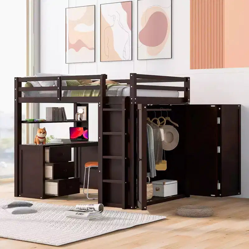 CLIHOME Full size Loft Bed with 3 Storage Drawers, Desk and Wardrobe