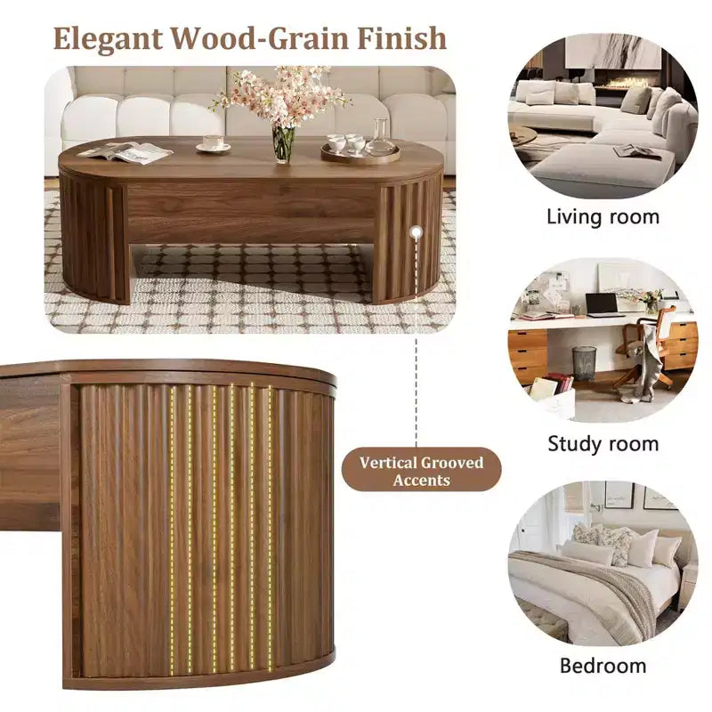 47.2 Lift Top Coffee Table, Oval Wooden Center Table with Hidden Storage, Modern Cocktail Table for Living Room Bedroom Office