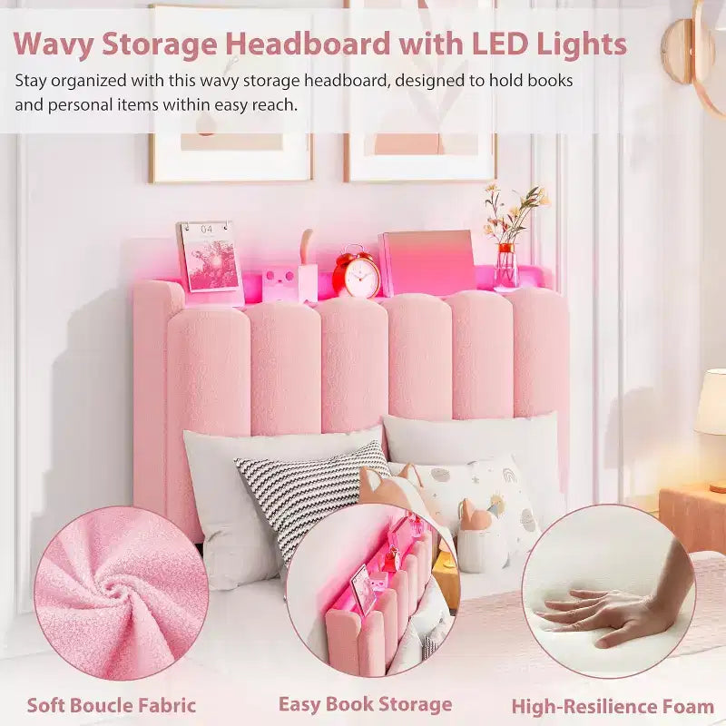 Bed frame with storage headboard, childrens bed frame with 2 drawers, fabric upholstered platform bed, contoured headboard with bookshelf