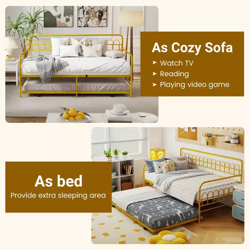 Costway Twin Daybed with Trundle Curved Backrest & Armrests Heavy-duty Metal Slats Black/Gold