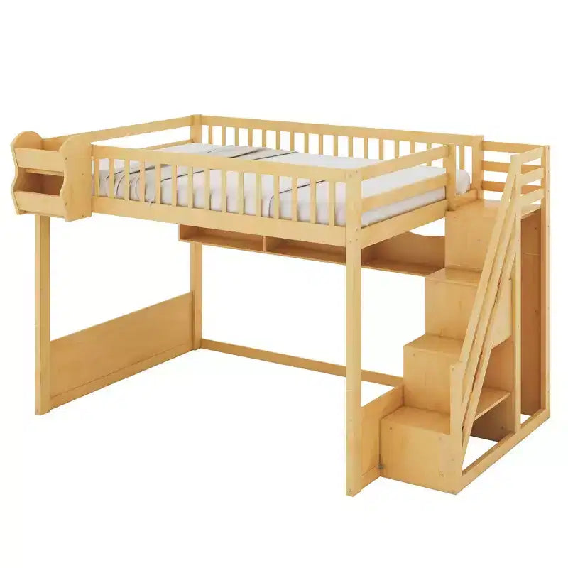 Queen Loft Bed Frame with Staircase, Wardrobe & Storage Shelves - MDF, 650 lb