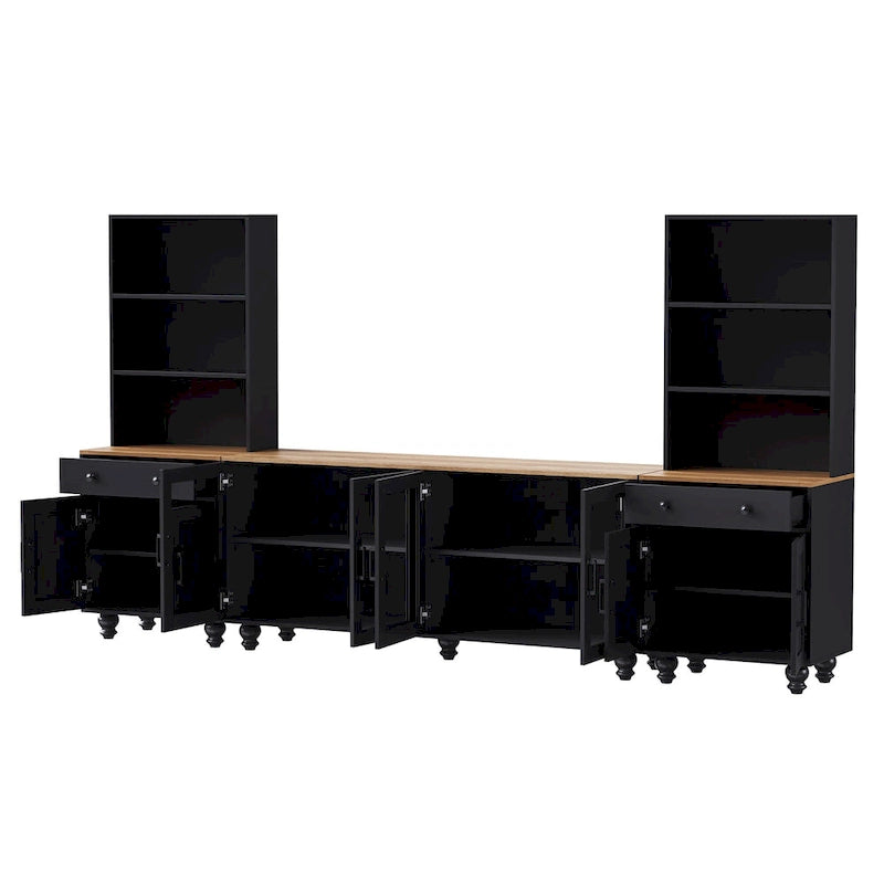 Black + Dark Walnut Farmhouse TV Entertainment Center with Bookshelves & Tempered Glass Doors for TVs Up to 70