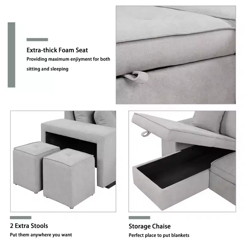 104.5 Reversible L-Shape Sleeper Sectional with Storage Chaise & 2 Stools - Convertible 3-Seat Sofa Bed for Living Room