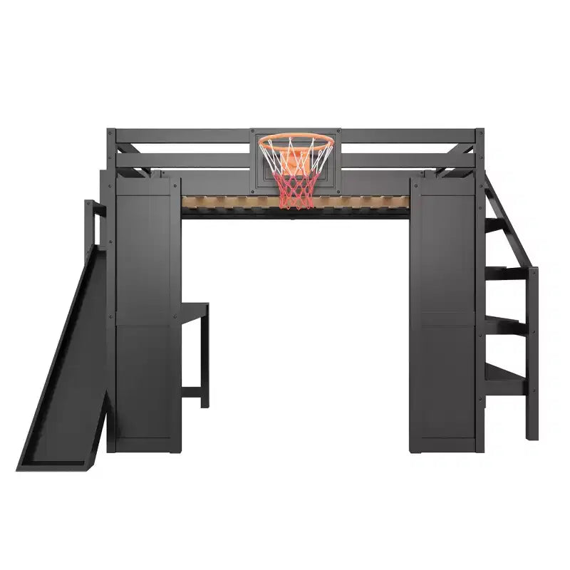 Luxystar Full Wooden Loft bed with Desk, Slide, Basketball hoop and Storage Staircase for Kids and Teens