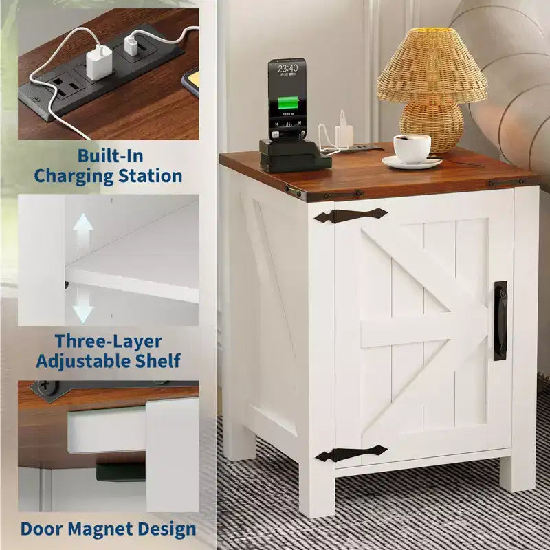 Lot de 2 tables de chevet de ferme avec station de recharge, table de nuit rustique avec porte de grange et étagère réglable, petite table d'appoint pour chambre et salon.