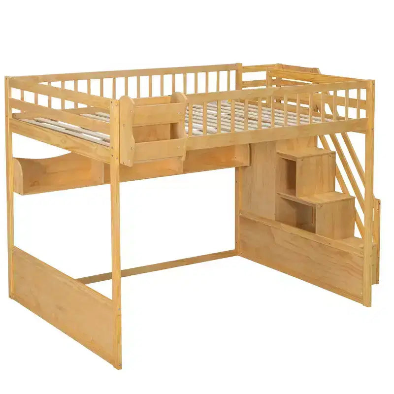 Queen Loft Bed Frame with Staircase, Wardrobe & Storage Shelves - MDF, 650 lb