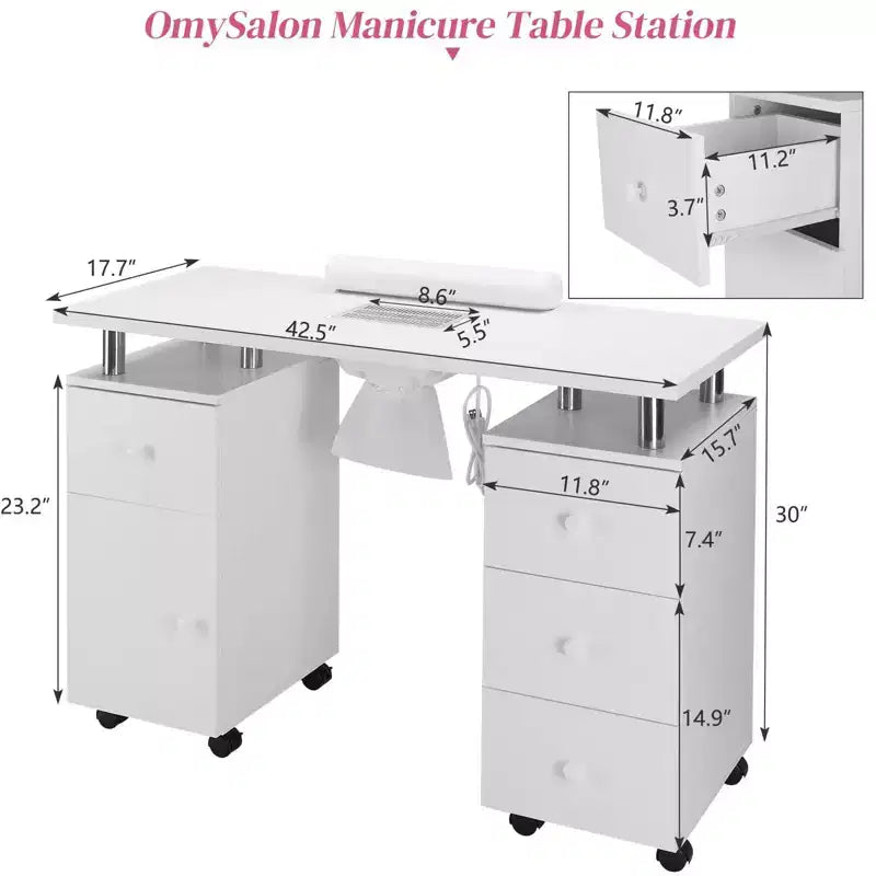 42.5 in. White MDF 3-Drawer Manicure Table Nail Desk with Storage, Doors, Electric Dust Collector