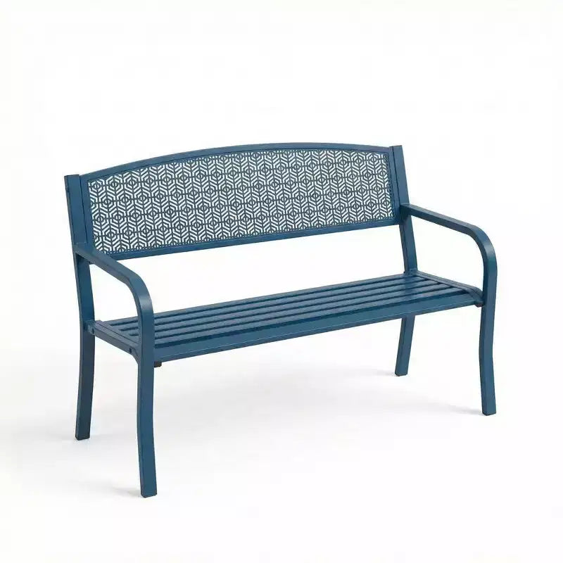 2 Person Metal Outdoor Bench for Garden, Steel Benches Furniture with Geometric Backrest for Patio, Garden & Porch