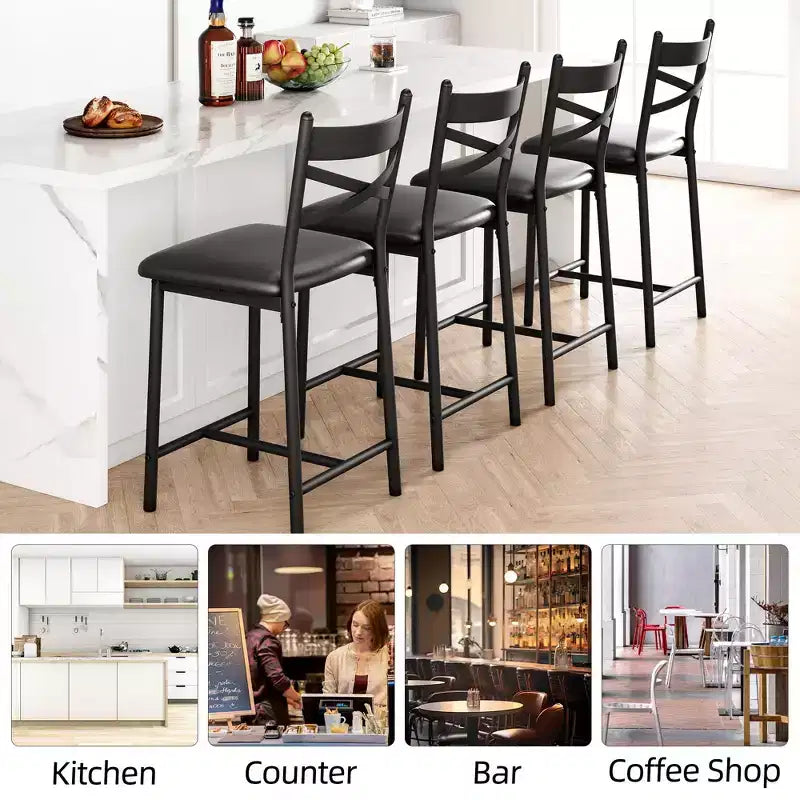 Bar Stools Set of 4, PU Upholstered Bar Chairs, Kitchen Island Chairs with X-Shaped Backrest and Metal Footrest, Black Counter Height Chairs