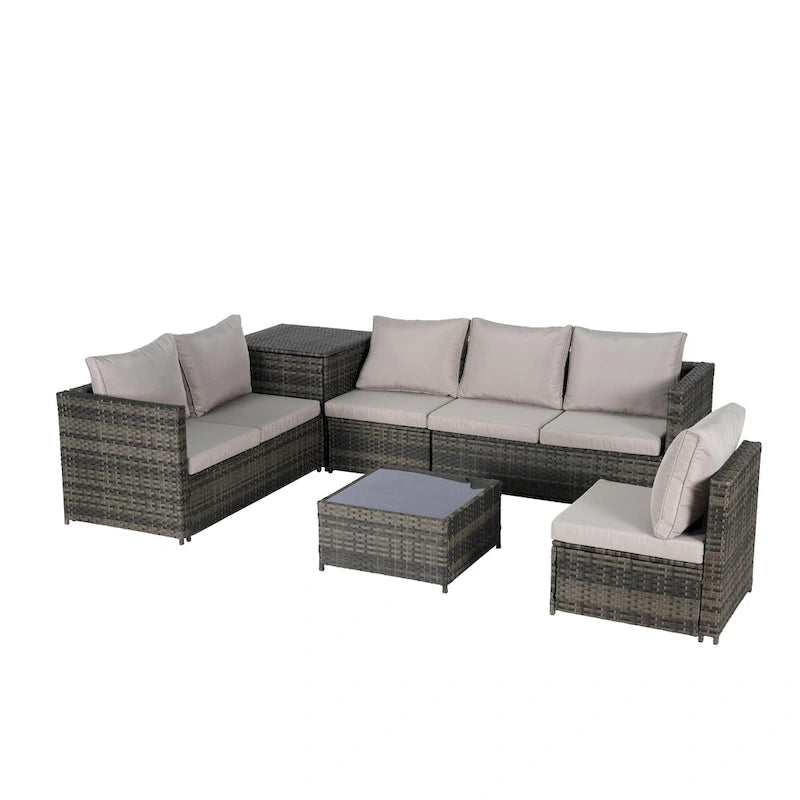 6-Piece Wicker Sectional Sofa Set with Corner & Glass Table