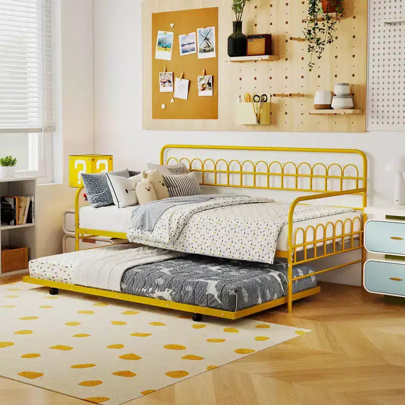 Costway Twin Daybed with Trundle Curved Backrest & Armrests Heavy-duty Metal Slats Black/Gold