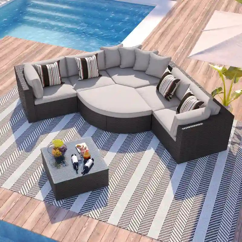 Ensemble de canapé d'extérieur moderne en osier 7 pièces avec table basse, coussins et oreillers rayés, idéal pour le patio, le jardin, la terrasse