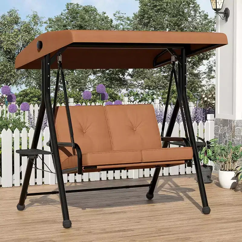 Balançoire de jardin 2 places avec auvent, assise rembourrée, cadre en fer robuste, banc d'extérieur résistant aux intempéries pour patio, balcon ou arrière-cour