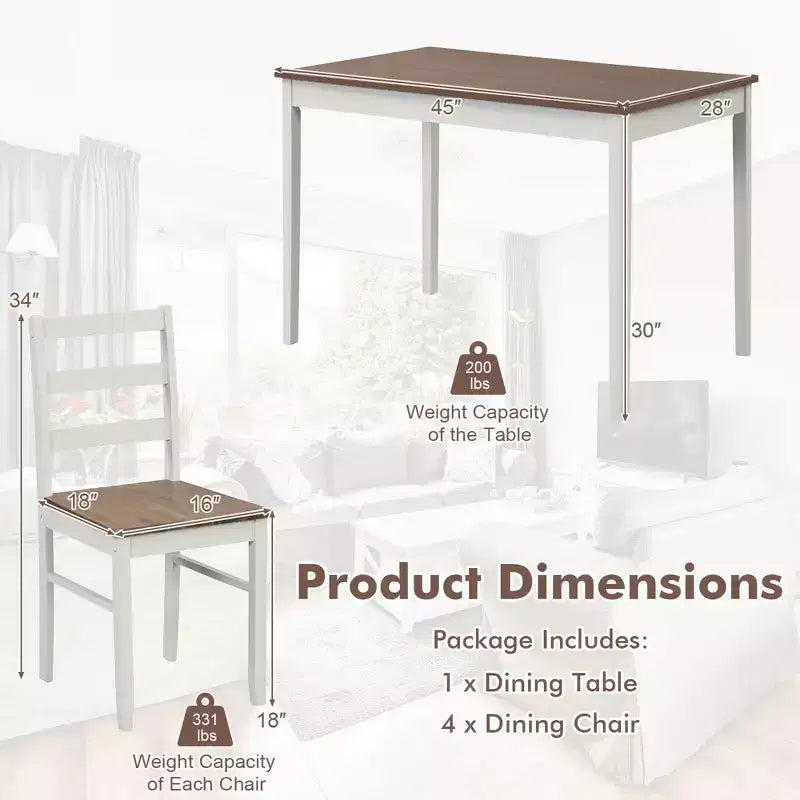 Costway 5-Piece Dining Set Solid Wood Kitchen Furniture with Rectangular Table & 4 Chairs Natural/Coffee/Grey