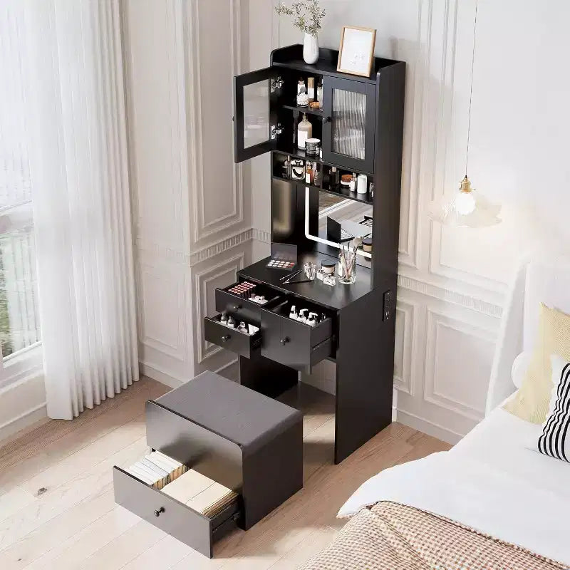 3-in-1 Makeup Vanity Desk with Lighted Mirror, Compact Vanity Table with Drawers, Storage Compartment & Rolling Stool for Bedroom