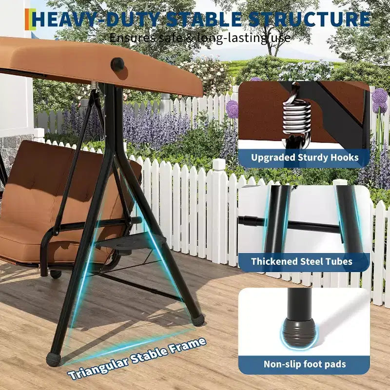 Balançoire de jardin 2 places avec auvent, assise rembourrée, cadre en fer robuste, banc d'extérieur résistant aux intempéries pour patio, balcon ou arrière-cour