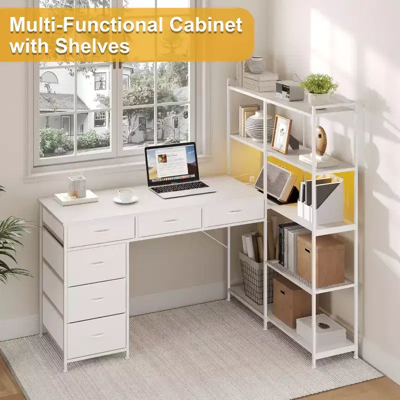 47 L-Shaped Computer Desk with 6 Drawers & 5-Tier Shelves, Reversible Corner Gaming Desk with LED Lights & Power Outlets