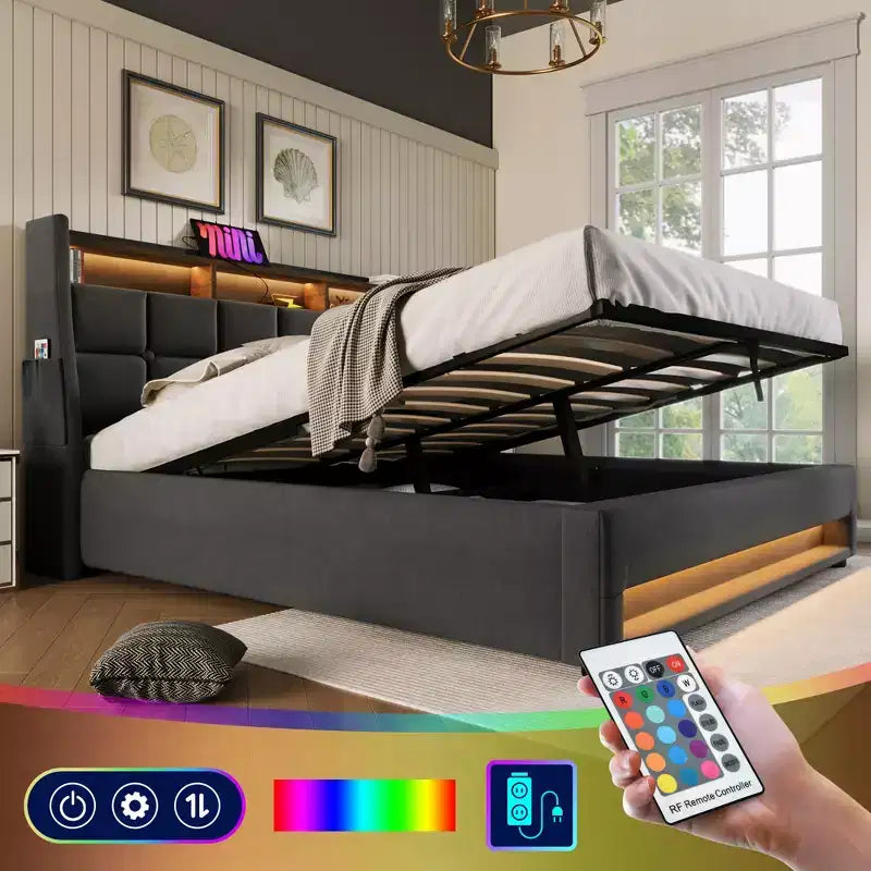 Queen Bed with Hydraulic Storage, LED, USB, Upholstered Headboard, No Box Spring, Easy Assembly
