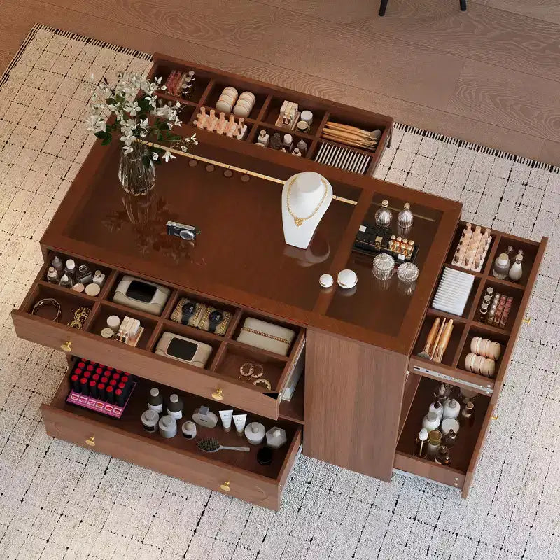Closet Island with 6 Drawers, Glass Display Top & Open Shelves
