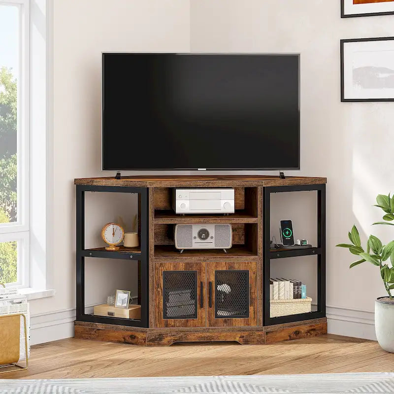 Farmhouse Corner TV Stand Entertainment Center Media Console for TVs up to 55 with Power Outlet