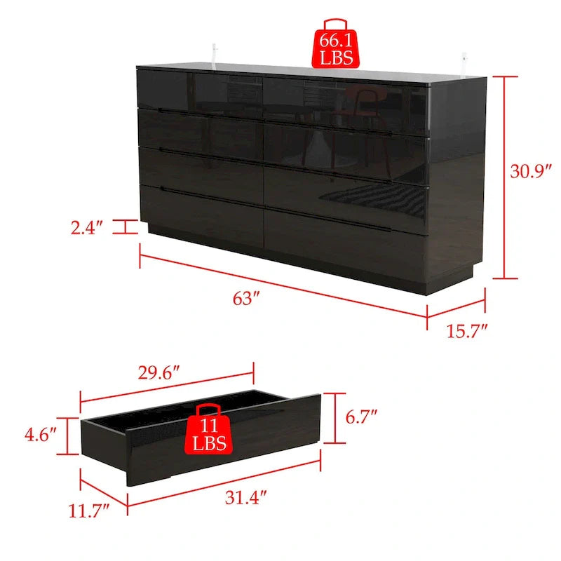 63 High Gloss Dresser With Light Chest w/8 Drawers&Spacious Tabletop