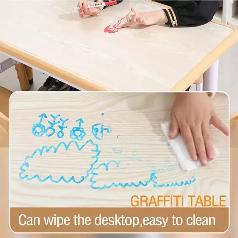 Kids Table and 6 Chairs Set, Height Adjustable Toddler Table and 6 Chair Set for Ages 2-10 for for Crafts and Study, Graffiti Desktop, Non-Slip Legs