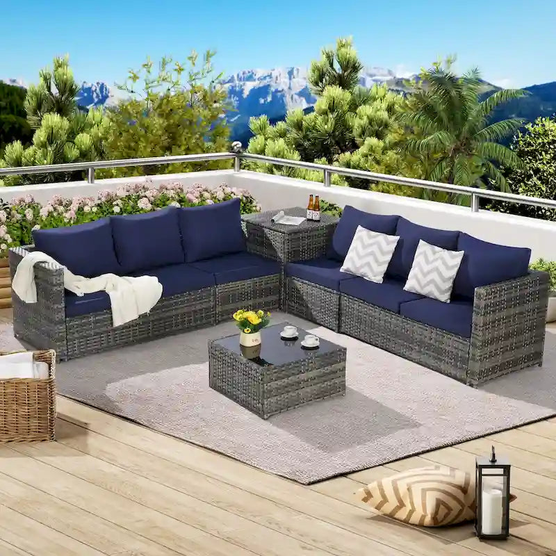 6-Piece Wicker Sectional Sofa Set with Corner & Glass Table
