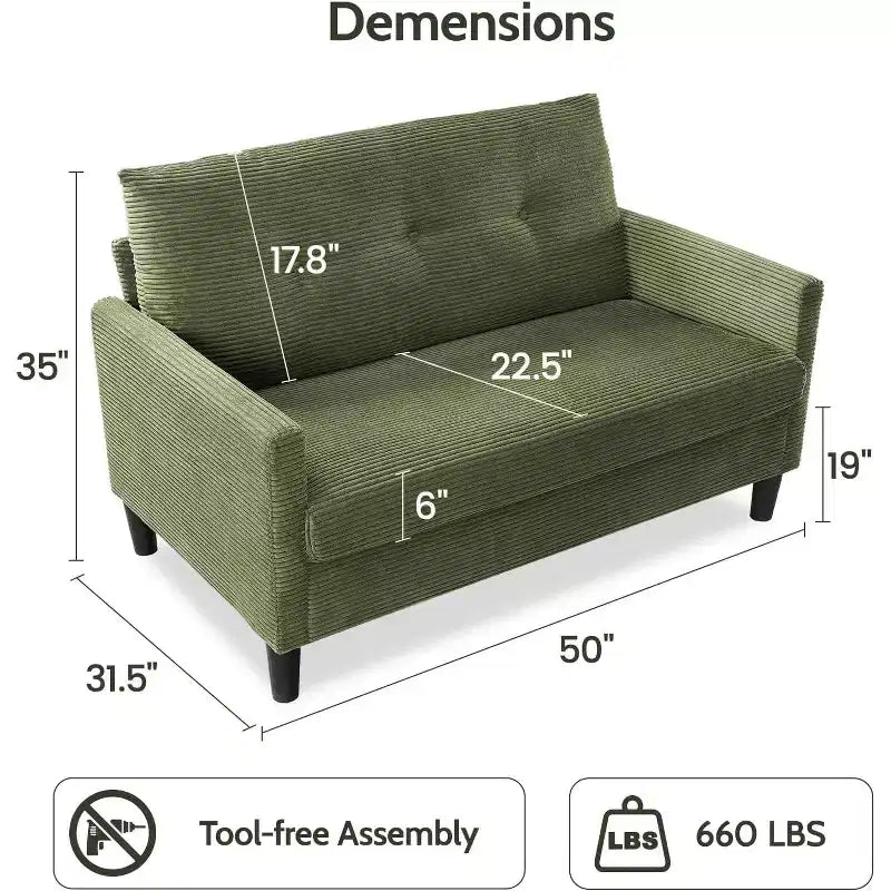 Dyonery 50 Loveseat Sofa, 2-Seater Love Seat for Office & Small Spaces, 24 Deep Seat, FSC Solid Wood Frame, Tool-Free Assembly
