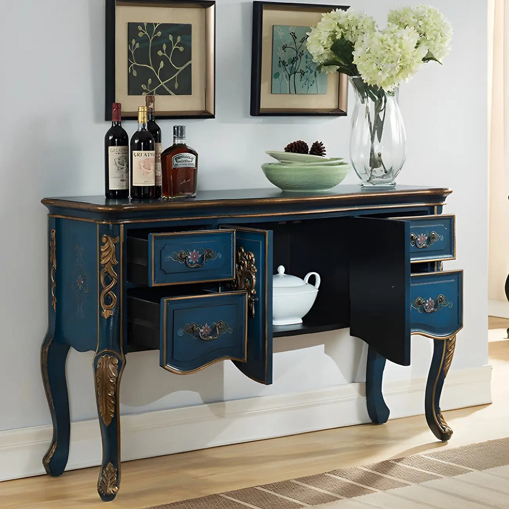 French Coffee Wood Storage Console Table with Drawers