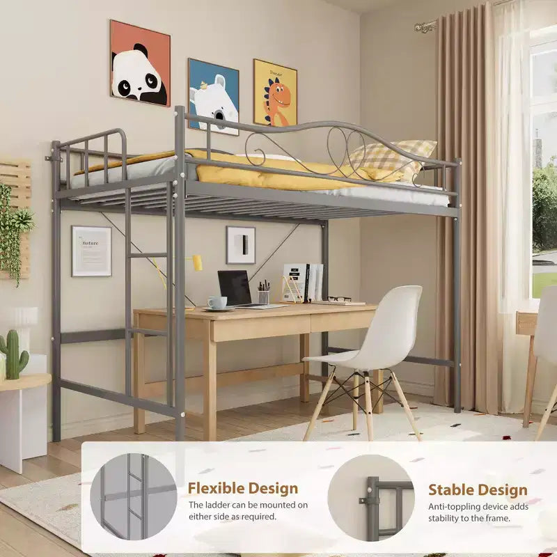 Lit mezzanine double avec échelle amovible et garde-corps de sécurité intégral, lit mezzanine double avec cadre en métal robuste d'une capacité de 180 kg, gain de place.