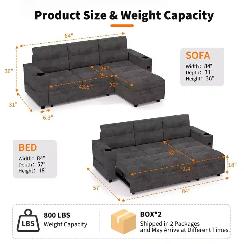 Canapé-lit convertible en L avec couchage escamotable de 213 cm, accoudoirs de rangement dissimulés, porte-gobelets et ports de charge USB, canapé modulable pour salon
