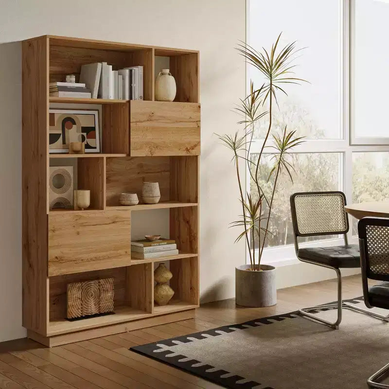 LuxenHome 68 Tall Bookcase with 8-Shelf and 2-Cabinet, 5-Tier Cube Unit Bookcase with Doors, Display Bookshelf with Storage for Living Room Brown