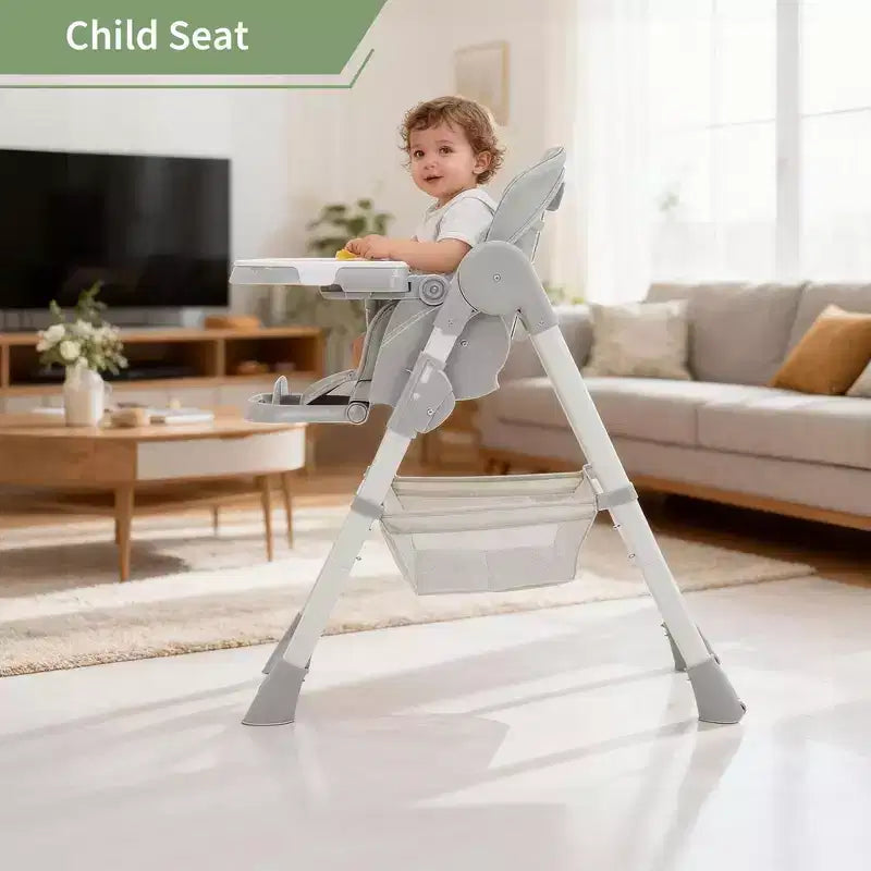 Foldable High Chair for Babies&Toddlers,PU Leather Highchair with Adjustable Backrest,Seat Height,Removable Tray,5-Point Safety Harness&Locking Wheels