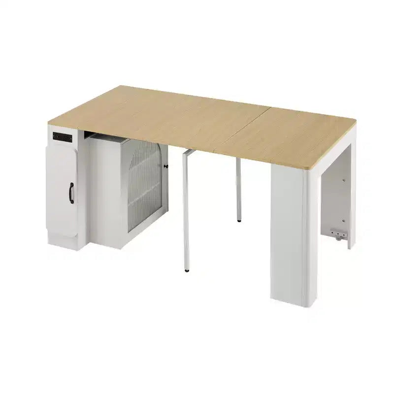 Whisen Extendable Dining Table, Mobile Rolling Island Table with 3 Removable Middle Leaves, Storage Cabinet